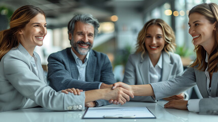 Young business people meeting office handshake hand shake shaking hands teamwork group contract signing agreement document signature paperwork success corporate senior mature.