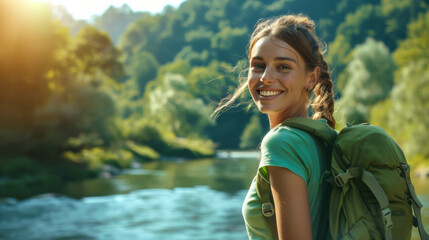 beautiful hiker along the riverside wearing green t-shirts, smiling and facing toward camera