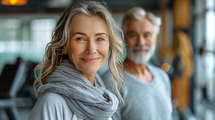 senior woman man exercise gym fitness couple sport healthy elderly health training active happy portrait old fit mature female adult workout body vitality.