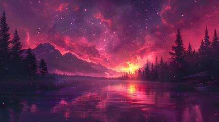 the enchanting allure of a star-studded cosmic violet and pink sky, with silhouette forest trees lending a sense of serenity to the breathtaking landscape - obrazy, fototapety, plakaty