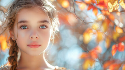 Autumn banner , nice girl with yellow red fall leaves on blurred nature background .