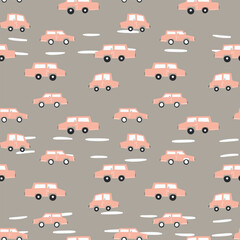 Seamless pattern with cute car on color background. Cartoot transport. Vector illustration. Doodle style. Design for baby print, invitation, poster, card, fabric, textile