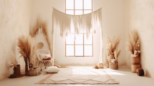 boho wedding indoor macrame rug arch room, ai