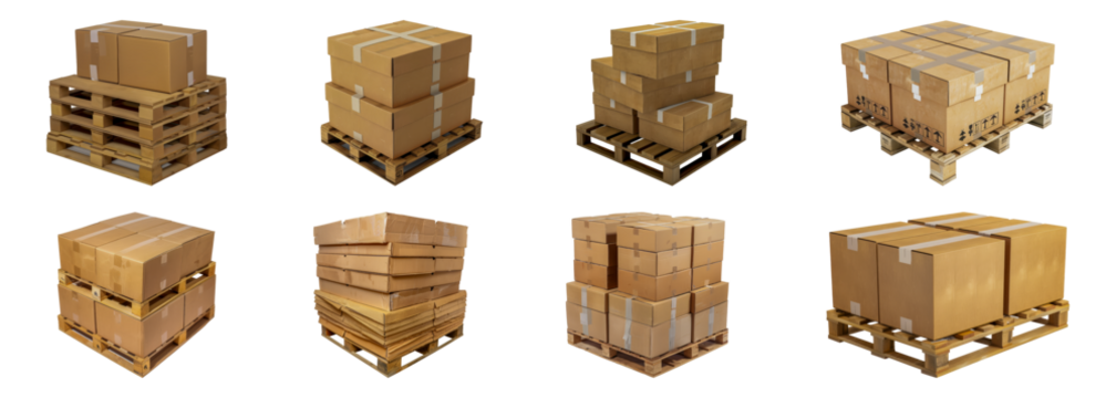 Cardboard boxes on wooden pallets for logistics and shipping cut out png on transparent background