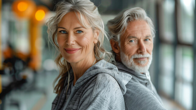 senior woman man exercise gym fitness couple sport healthy elderly health training active happy portrait old fit mature female adult workout body vitality.