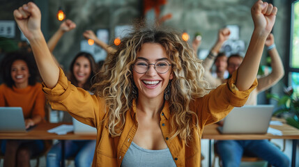 businessman business team businesswoman success meeting celebration colleague office teamwork happy cheerful celebrating group startup student friend