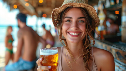 Fun beach summer youth friend young woman group friendship happiness drink beer vacation sea couple together man lifestyle holiday.