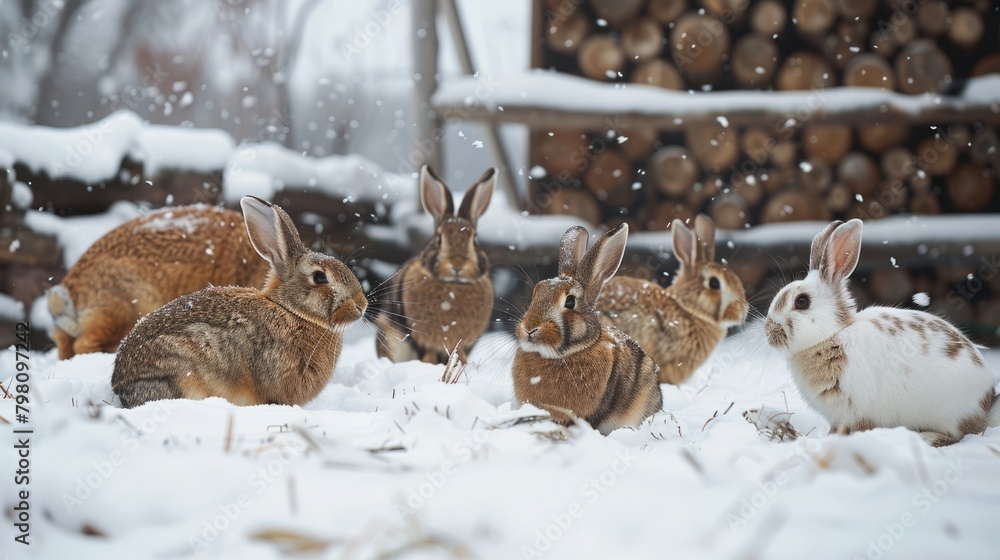 Wall mural Assorted domestic rabbits frolicking in winter wonderland snow on farm - cute bunny variety in chilly weather scene
 - Wall murals
