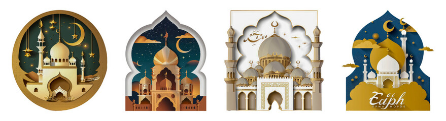 Elegant Eid celebration banners with mosques and crescent moons cut out png on transparent background