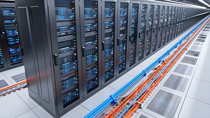 Cloud server and data storage services in datacenter for D rendering. Concept Cloud Server, Data Storage, Datacenter Services, 3D Rendering