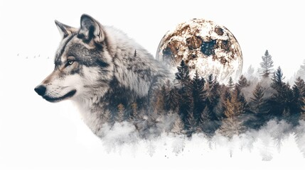 Wolf in double exposure with forest habitat on white background, moon included - surreal wildlife concept
