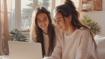 Two young girls smiling and looking at a laptop in a sunny, cozy room.