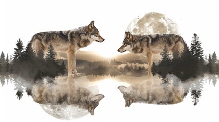 Wolf in double exposure with forest habitat on white background, moon included - surreal wildlife concept

