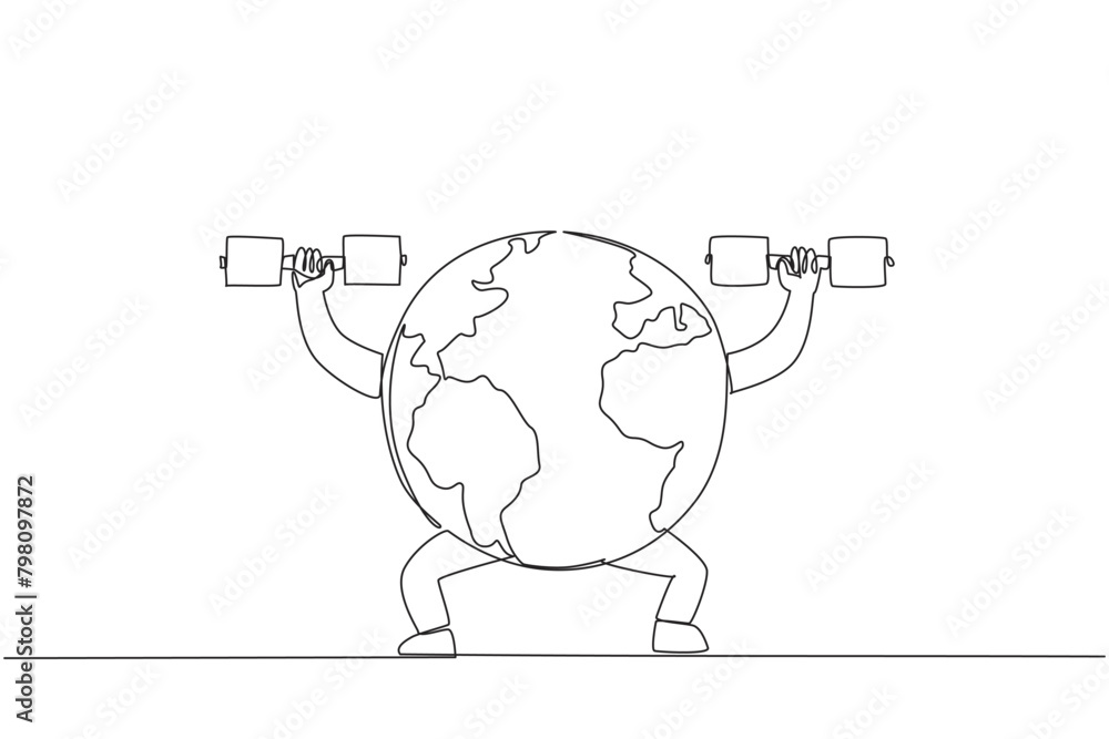 Poster single continuous line drawing globe lifts two dumbbells with both hands. practice discipline for go