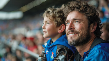 father and son in stands, filled with enthusiastic supporters of rugby or football team wearing...