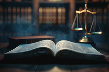 Mystic law library with open legal book, scale of justice, ethereal smoke backdrop ideal for legal concepts.