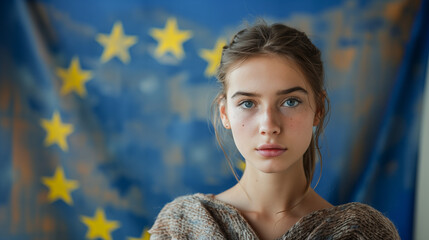 Teenager girl in front of the european flag