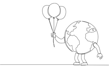 Continuous one line drawing globe holds several balloons. The clean air of the earth brings joy to everyone. Take care of the earth wherever and whenever. Single line draw design vector illustration