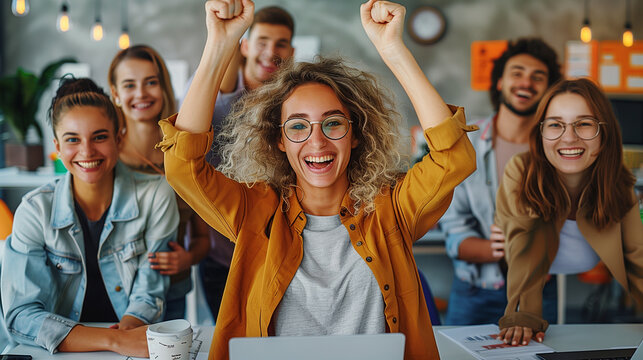 businessman business team businesswoman success meeting celebration colleague office teamwork happy cheerful celebrating group startup student friend