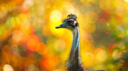 Fototapeta premium Graceful emu bird amidst vibrant wildlife, with stunning blurred background - captivating nature scene