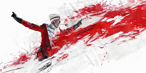 Austrian Flag with a Mozart Impersonator and a Ski Jumper - Imagine the Austrian flag with a Mozart impersonator representing Austria's musical legacy and a ski jumper