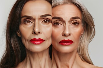 Split complexion aging reveals skin care secrets and age adaptation, identity and skin challenges with skincare effectiveness for aging rejuvenation.