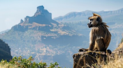 Obraz premium Gelada baboon family relaxing in the stunning landscape of ethiopia's semien mountains, natural beauty and wildlife harmony