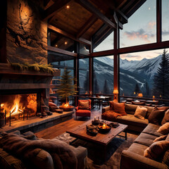 A cozy mountain lodge with a roaring fireplace