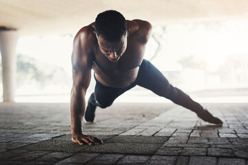 African man, push up and strong in city with fitness for balance, shirtless or muscle for power on...