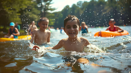 Children enjoying water activities at a summer camp lake