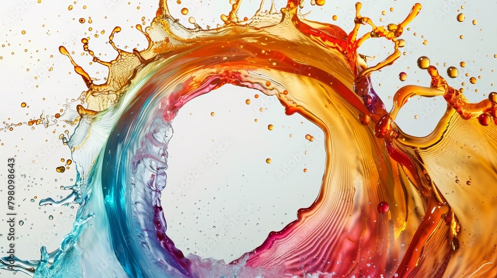 Poster vibrant abstract art showing a circle liquid motion flow explosion with colorful curved waves and dr