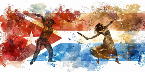 Cuban Flag with a Cigar Roller and a Salsa Dancer - Visualize the Cuban flag with a cigar roller representing Cuba's cigar industry and a salsa dancer