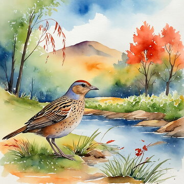 Corncrake - Bird in natural landscape, watercolor illustration