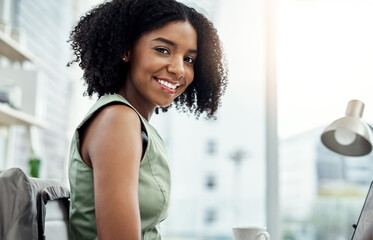 Happy, portrait and black woman in office as financial advisor for planning and asset management....