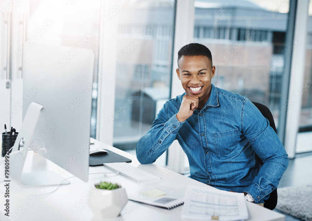 Aufkleber happy, black businessman and portrait in office with computer for interior designing with constructi