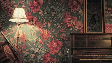 Elegant Floral Wallpaper Sets Vintage Jazz Ambiance in Inviting Living Space