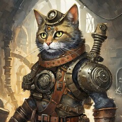 スチームパンク世界の甲冑を着込んだ猫の探検家