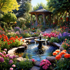 A serene garden with colorful flowers and a bubbling fountain - obrazy, fototapety, plakaty