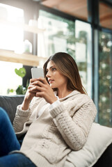 Thinking, woman and phone to relax on sofa in house with decision for conversation response or announcement by post. Doubt, female person and living room with mobile on internet for memory on website