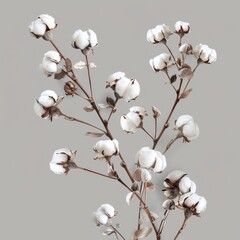 A beautiful sprig of cotton on a gray background, a place for text. Delicate white cotton flowers.