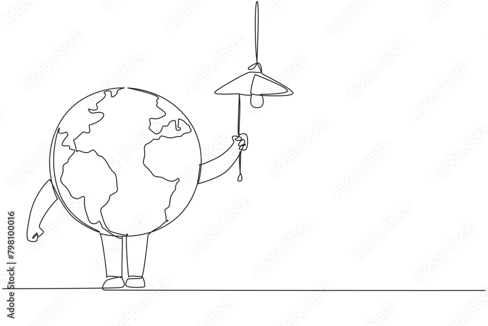 Poster single one line drawing globe pulls string to turn off the lights. save energy. turn off the power w