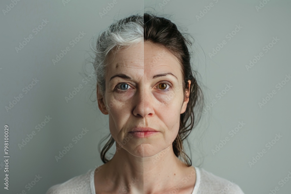 Poster visual intervention in aging highlights youthful vitality and age narrative facial continuum, integr
