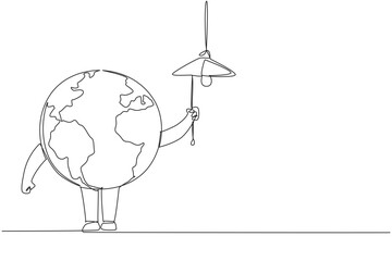 Single one line drawing globe pulls string to turn off the lights. Save energy. Turn off the power when not in use. Easy things that can protect the earth. Continuous line design graphic illustration