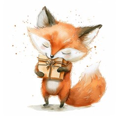 Naklejka premium Fox hugging gift box animal wildlife mammal.