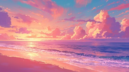 Fototapeta premium Experience the mesmerizing beauty of a beach landscape at either sunset or sunrise adorned with a breathtaking pink sky and the sun s reflection shimmering on the water This scene sets the p