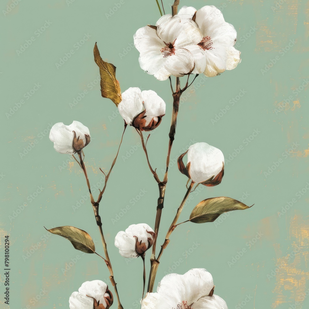 Wall mural A beautiful sprig of cotton on a green background, a place for text. Delicate white cotton flowers.