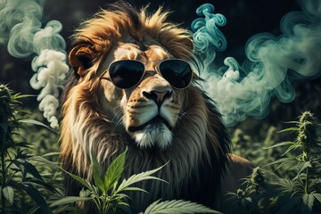 Obraz premium lion hipster with cannabis and sunglasses content created with generative AI software.