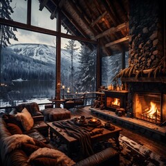 Cozy cabin in the woods with a roaring fireplace and snowy landscapes