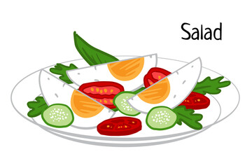 Fresh salad with eggs, arugula, cucumber, tomato on plate. Vector illustration  isolated on white for menu restaurant, cafe, poster, flyer, cookbook, coupon design 