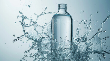 Top shot of closed transparent bottle splashes and sinks into water